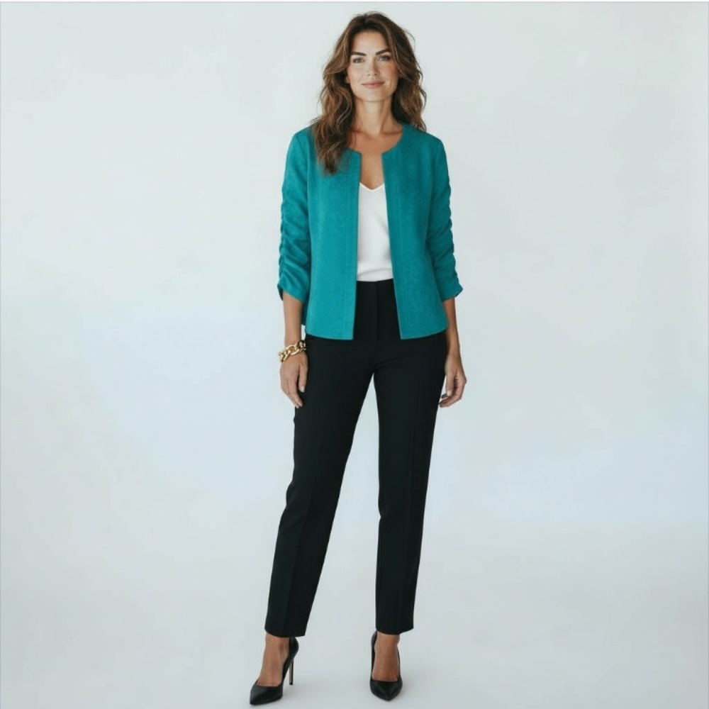 Coldwater Creek  Women's Turquoise Brocade Collarless Jacket Size 14